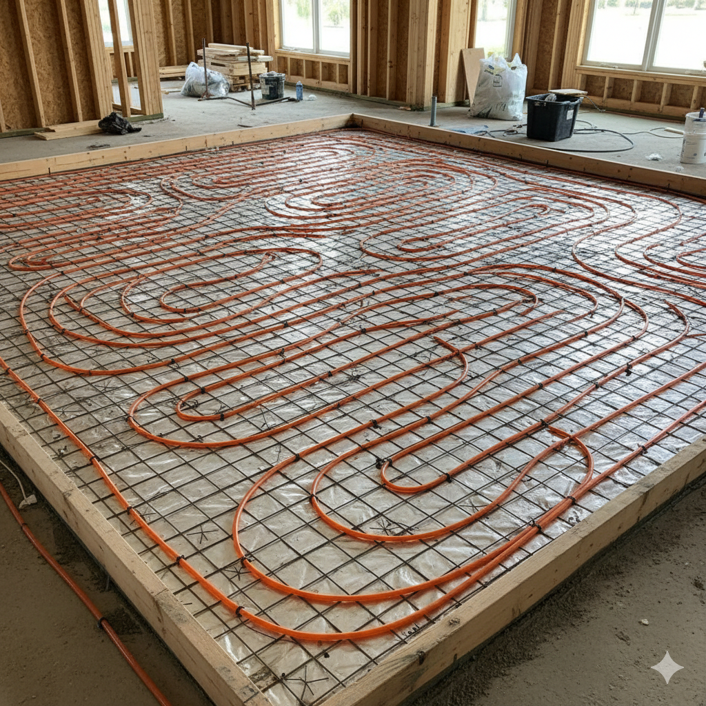 Orange radiant heat tubing laid in a grid on a floor during home construction.