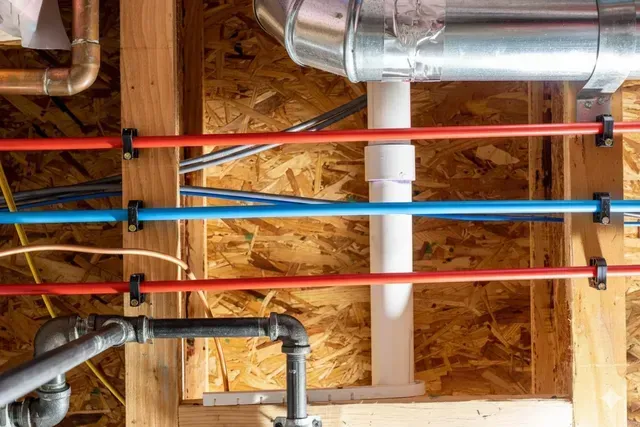 Plumbing pipes and ductwork installed on a wood wall. Red and blue PEX pipes secured with black clips.