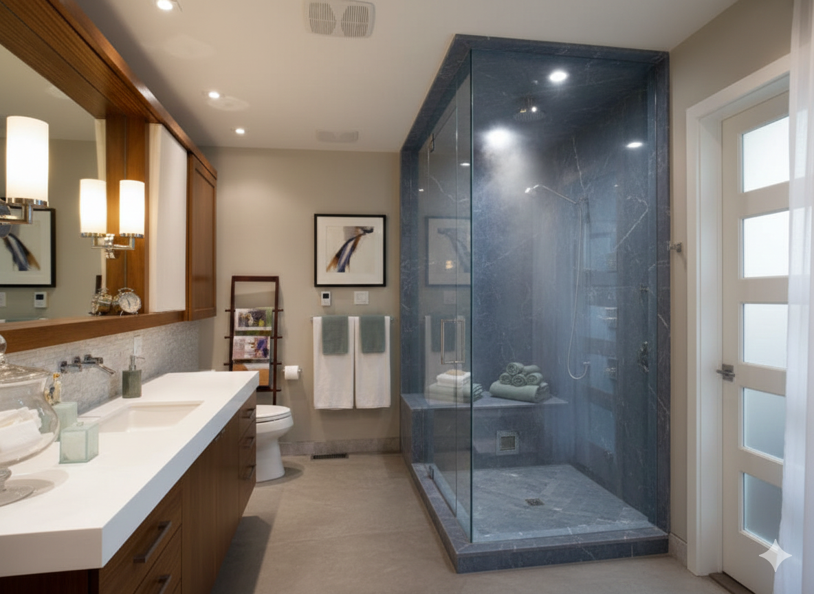 Modern bathroom with glass shower, light fixtures, and white vanity.