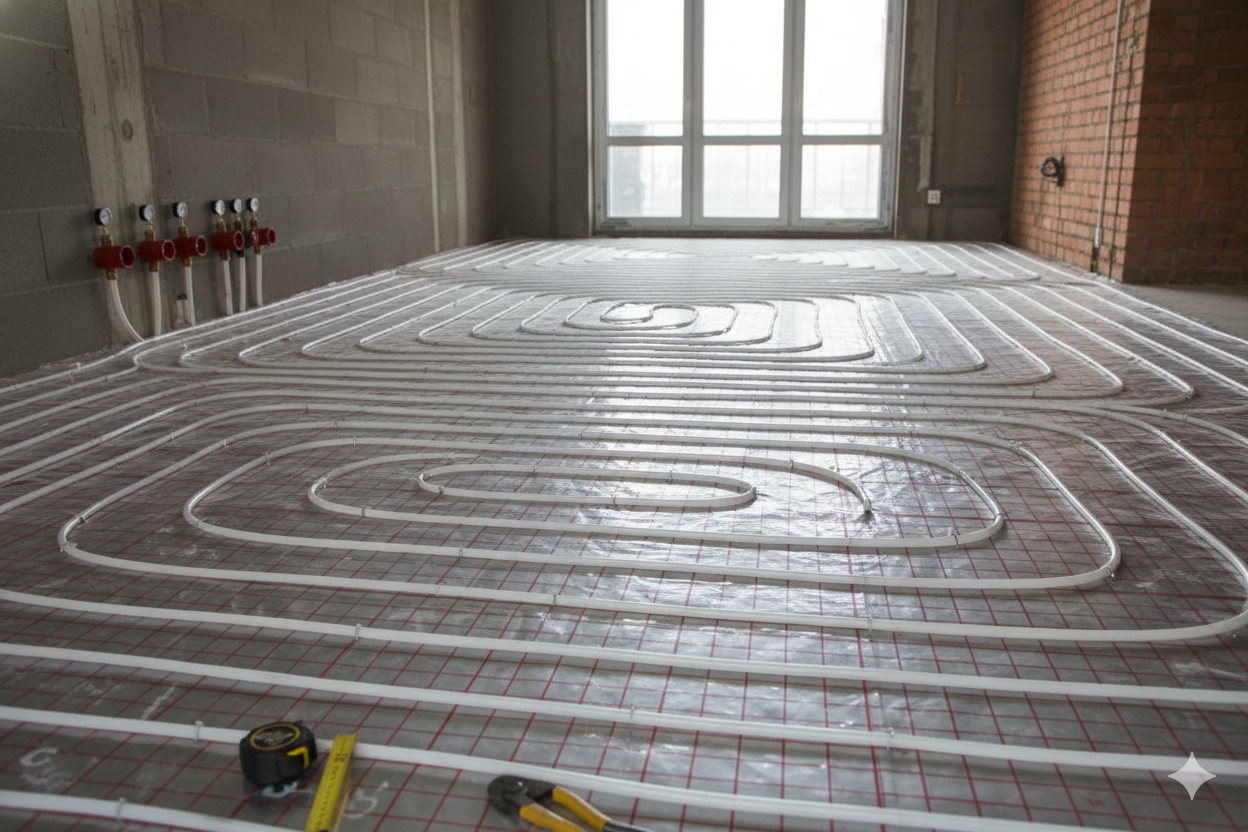 Pipes arranged in a grid pattern on a floor, likely for a radiant heating system, in a room under construction.