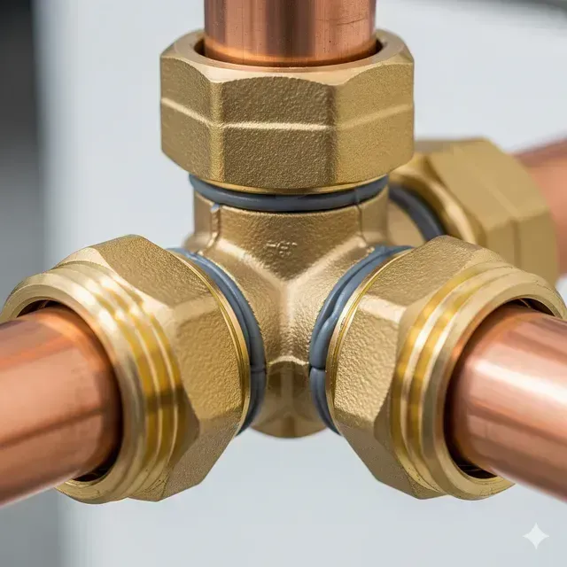 Copper pipes connected with brass fittings, viewed up close.