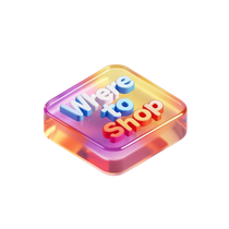 Colorful 3D “Where to Shop” app icon on a glossy pink-orange diamond background