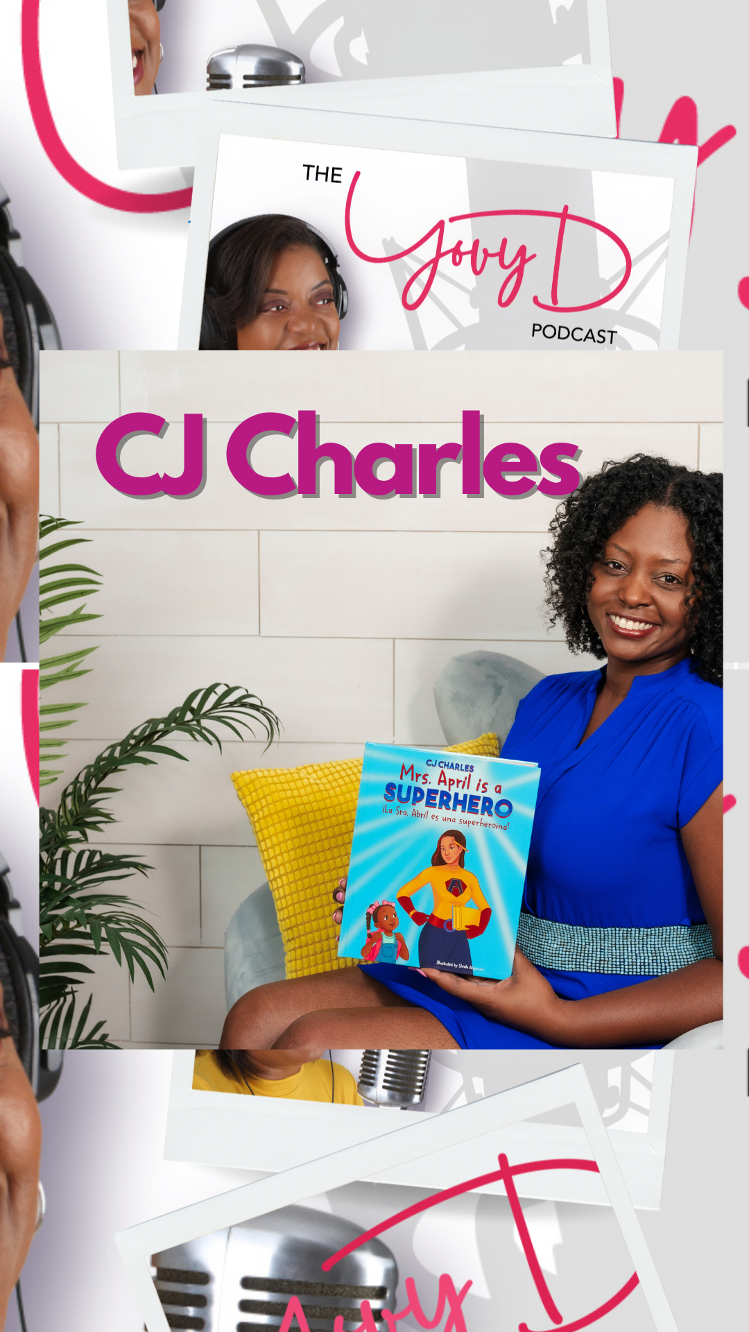 A woman is holding a book in front of a sign that says cj charles