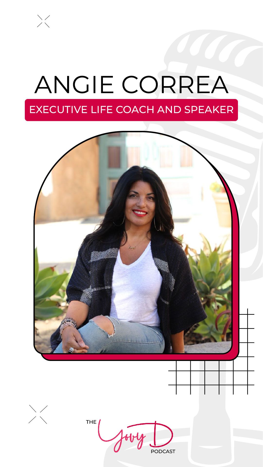 A woman is sitting in front of a microphone on a poster.
