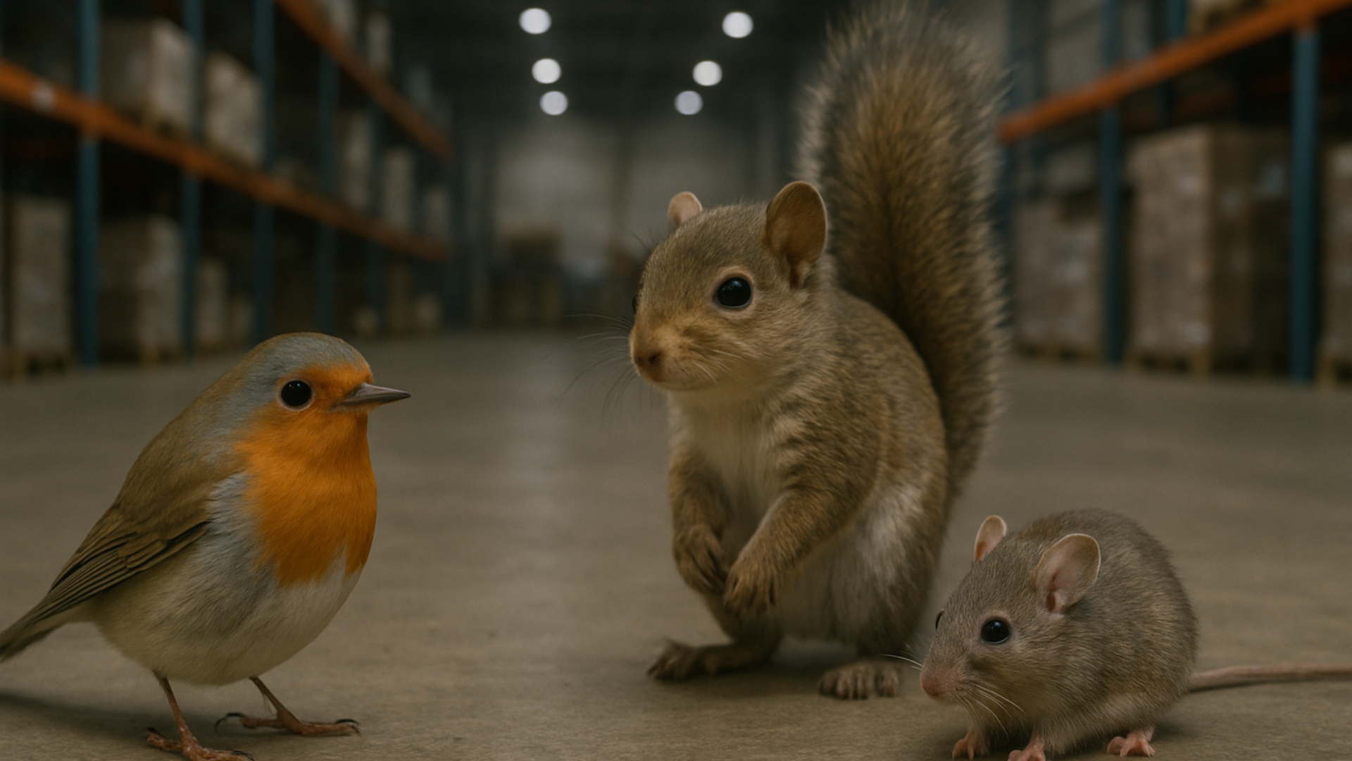 Two squirrels and two mice are standing next to each other in a warehouse.