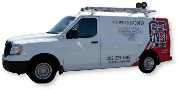 White plumbing service van with ladder rack and company logo on the side
