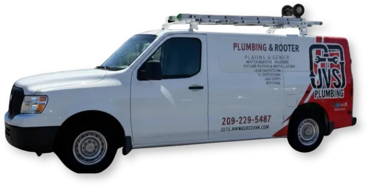 White service van with plumbing and gutter company logo and contact number on the side