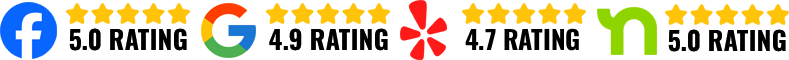 Five rating badges with blue, red, green, yellow, and green icons showing 5.0, 4.9, 4.7, and 5.0 ratings