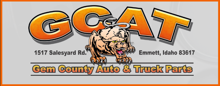 Logo for Gem County Auto & Truck Parts in Emmett, Idaho, featuring a stylized animal character under orange 