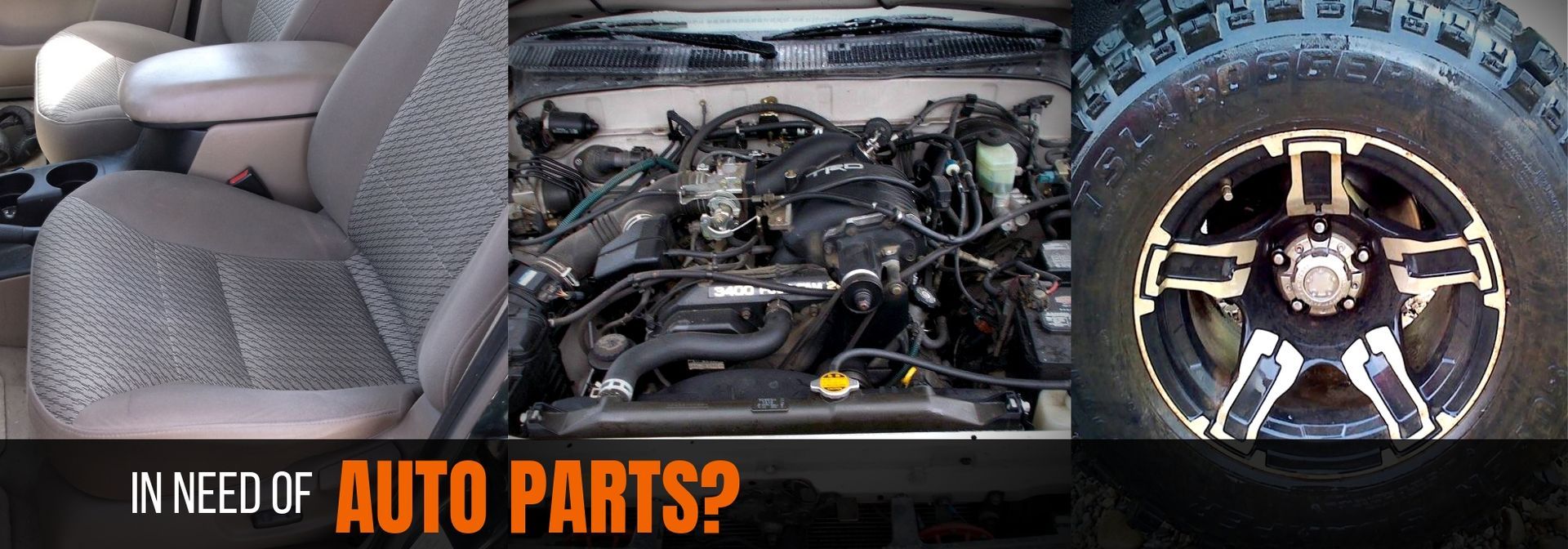 A collage showing a car interior, engine, and wheel with the text 