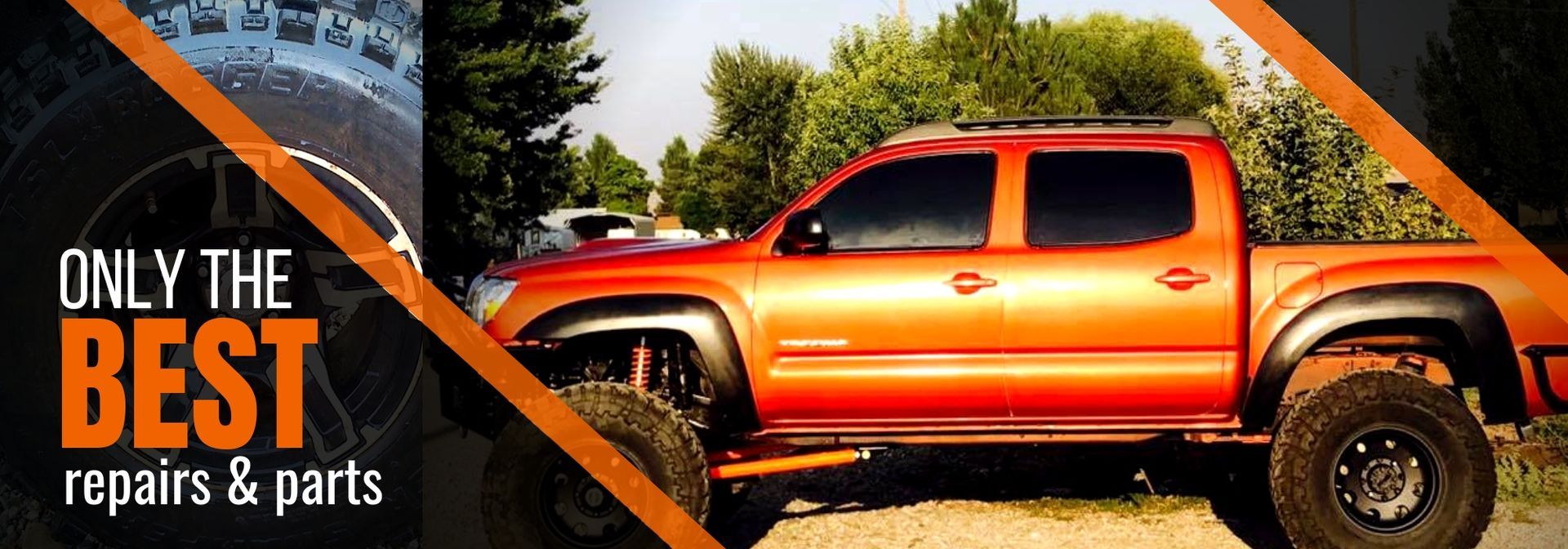 A side-profile view of an orange lifted pickup truck next to text that reads: