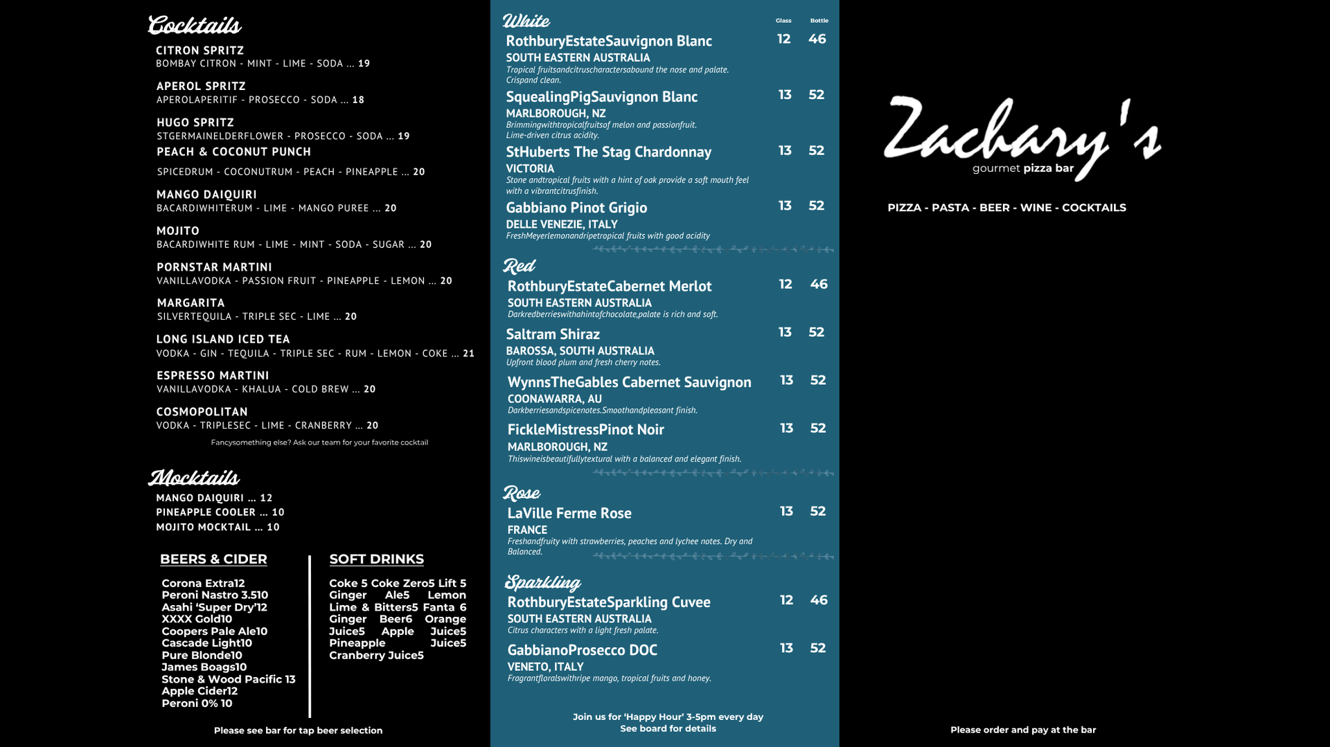 Zachary's restaurant menu; various food and drink items listed with prices, on a dark blue background — Zachary's in Noosaville, QLD