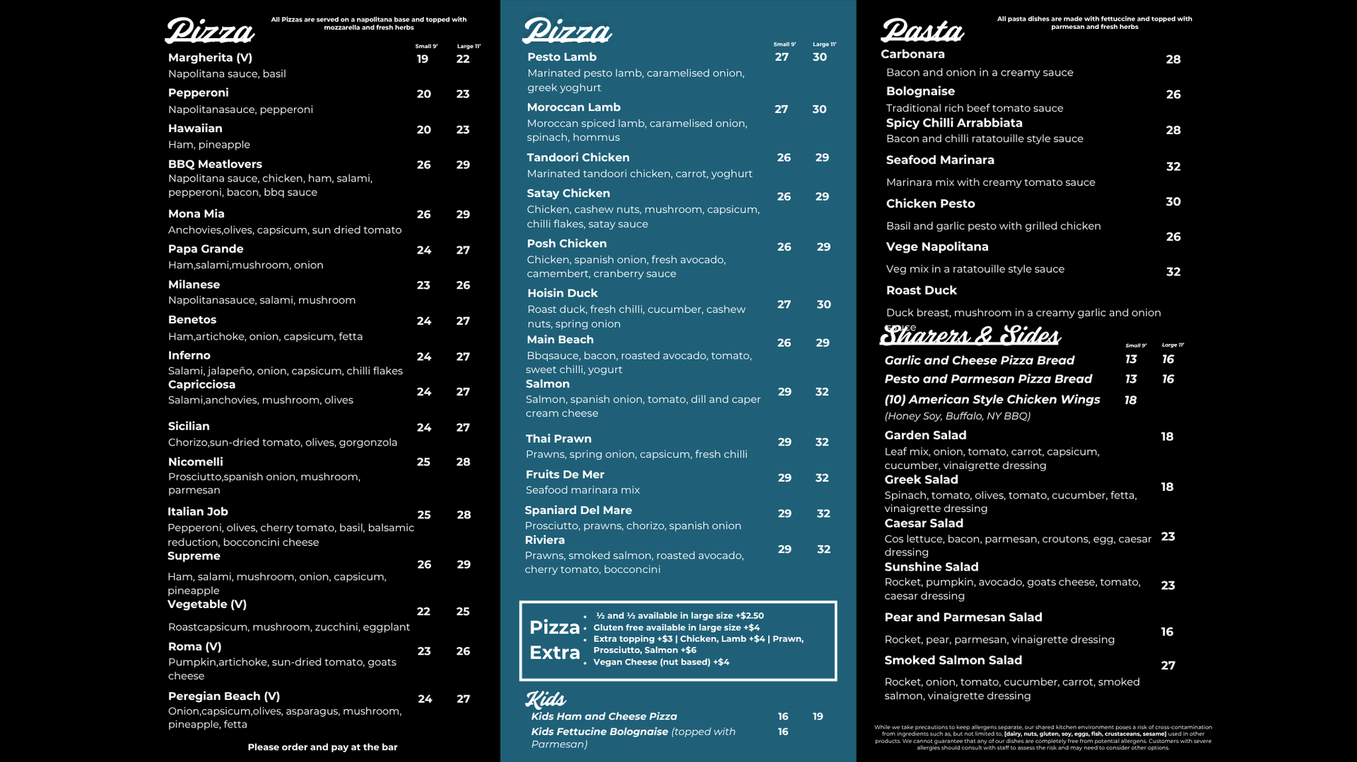 Restaurant menu with food categories and prices on a dark blue background — Zachary's in Noosaville, QLD