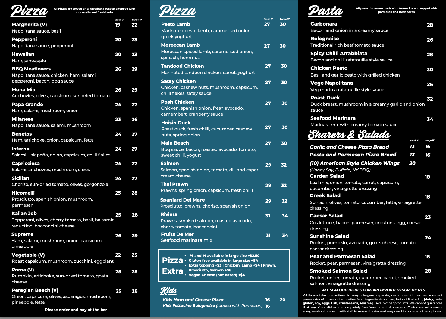 Restaurant menu with food categories and prices on a dark blue background — Zachary's in Noosaville, QLD