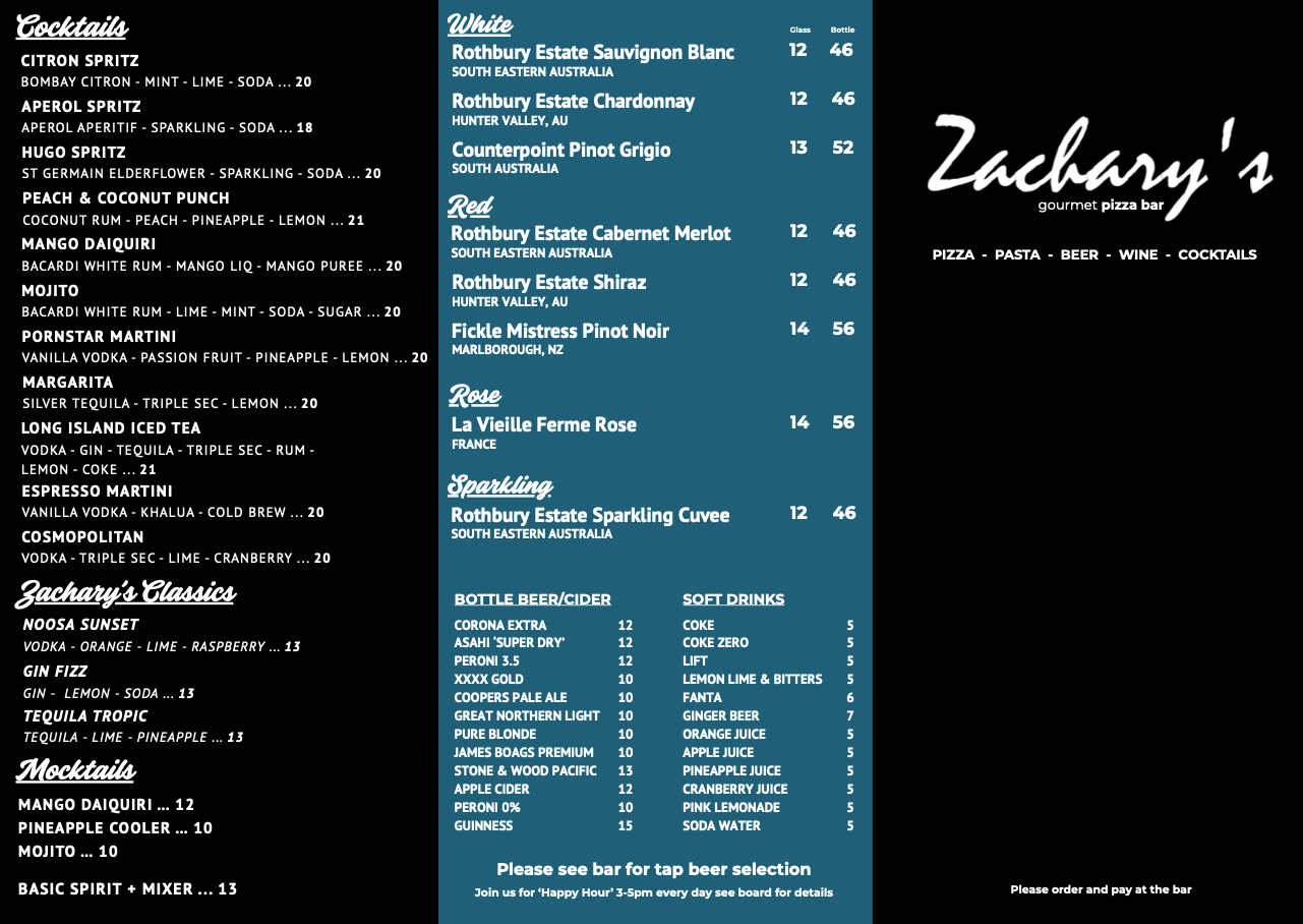 Zachary's restaurant menu; various food and drink items listed with prices, on a dark blue background — Zachary's in Noosaville, QLD