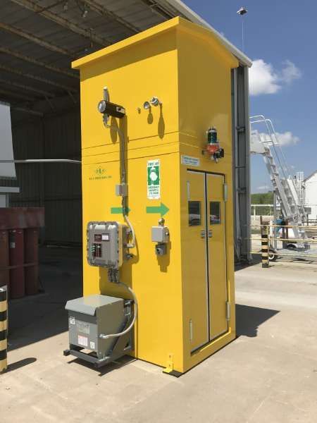 Yellow industrial electrical cabinet on a concrete pad beside a warehouse, with mounted switches and cables.