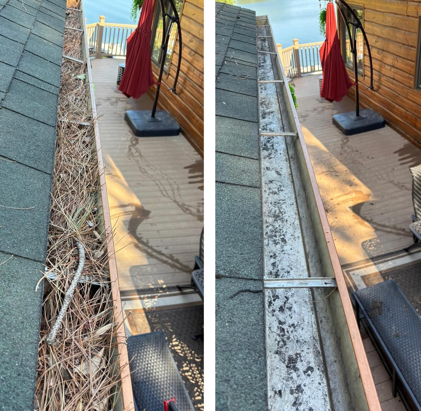Before and after of a gutter cleaning, showing debris removed from the gutter, next to a deck.