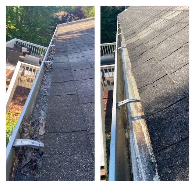 Before and after of a gutter cleaning: debris-filled on left, clean on right. Roofing and deck are visible.