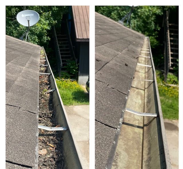 Comparison: Dirty gutter filled with debris vs. clean gutter. Roof with satellite dish.
