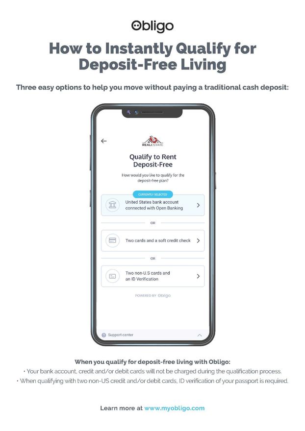 Advertisement for Obligo: A smartphone displays a deposit-free living application, promising instant qualification.