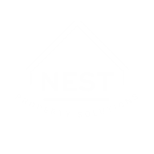 White logo: a house outline with 