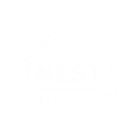 White outline of a house, with the text 