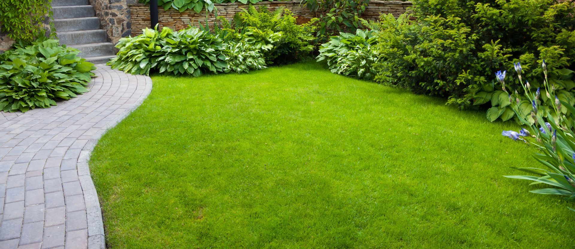 A winding stone path through a green lawn surrounded by lush bushes.