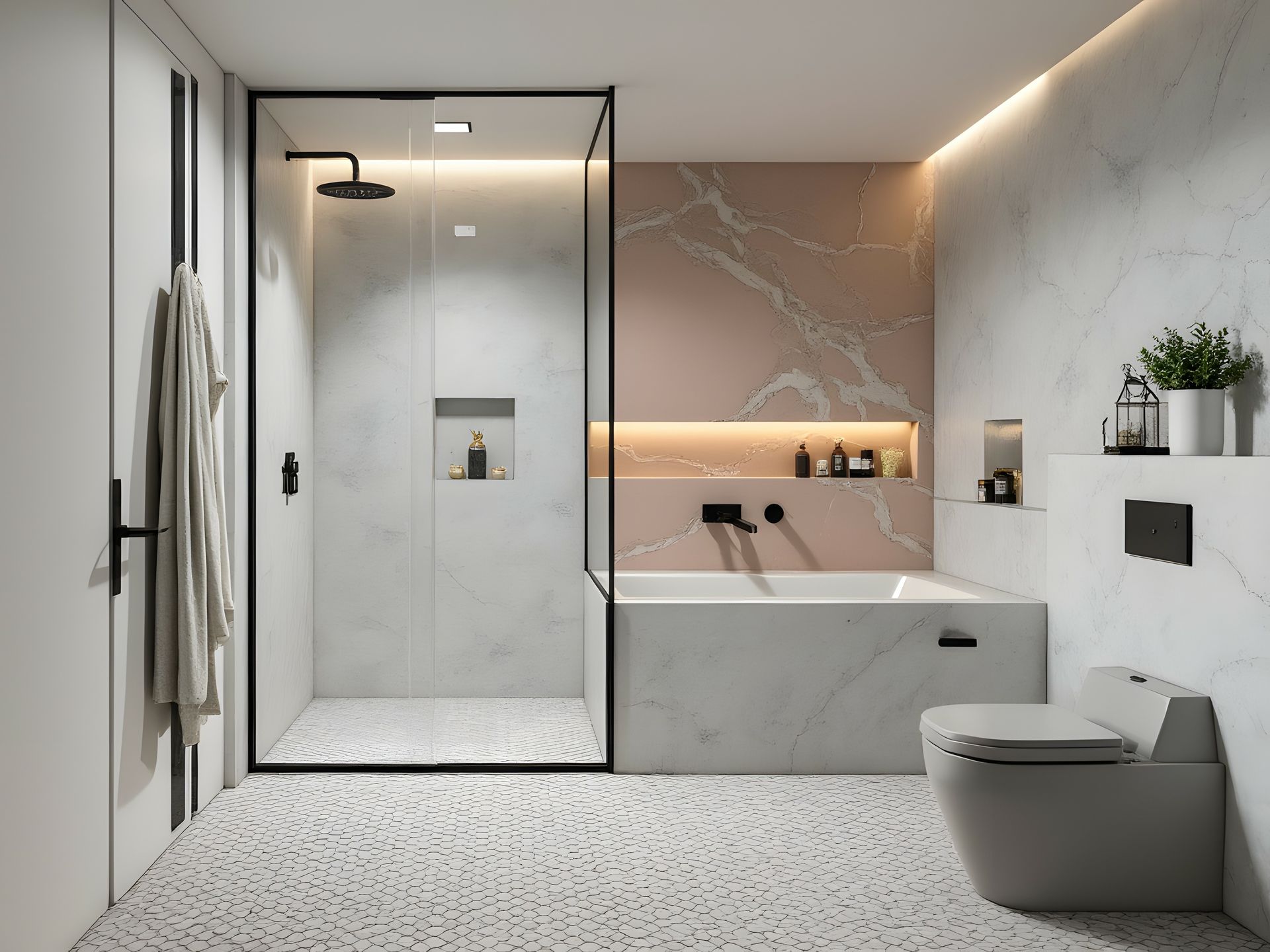 Modern bathroom with marble walls, a glass shower, a pink accent wall, and a toilet.