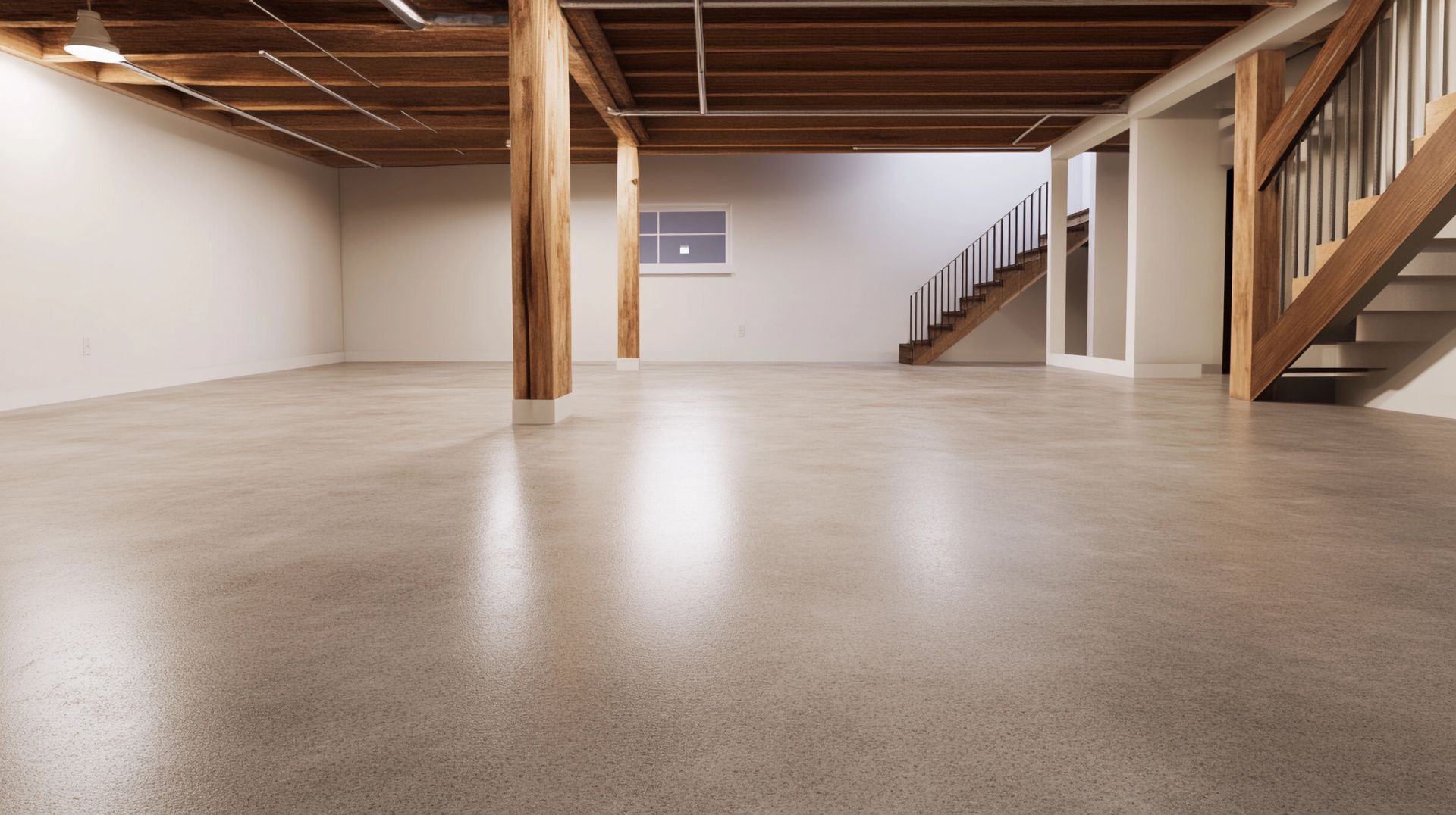 Empty, open, concrete-floored room with wooden beams and a staircase; bright lighting.