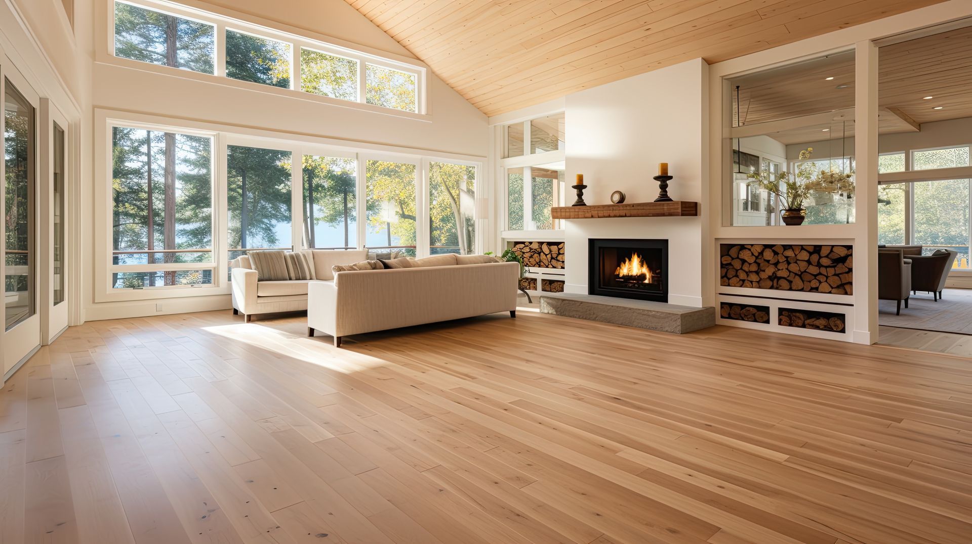 Spacious living room with hardwood floors, large windows overlooking a lake, fireplace, and neutral-toned furniture.