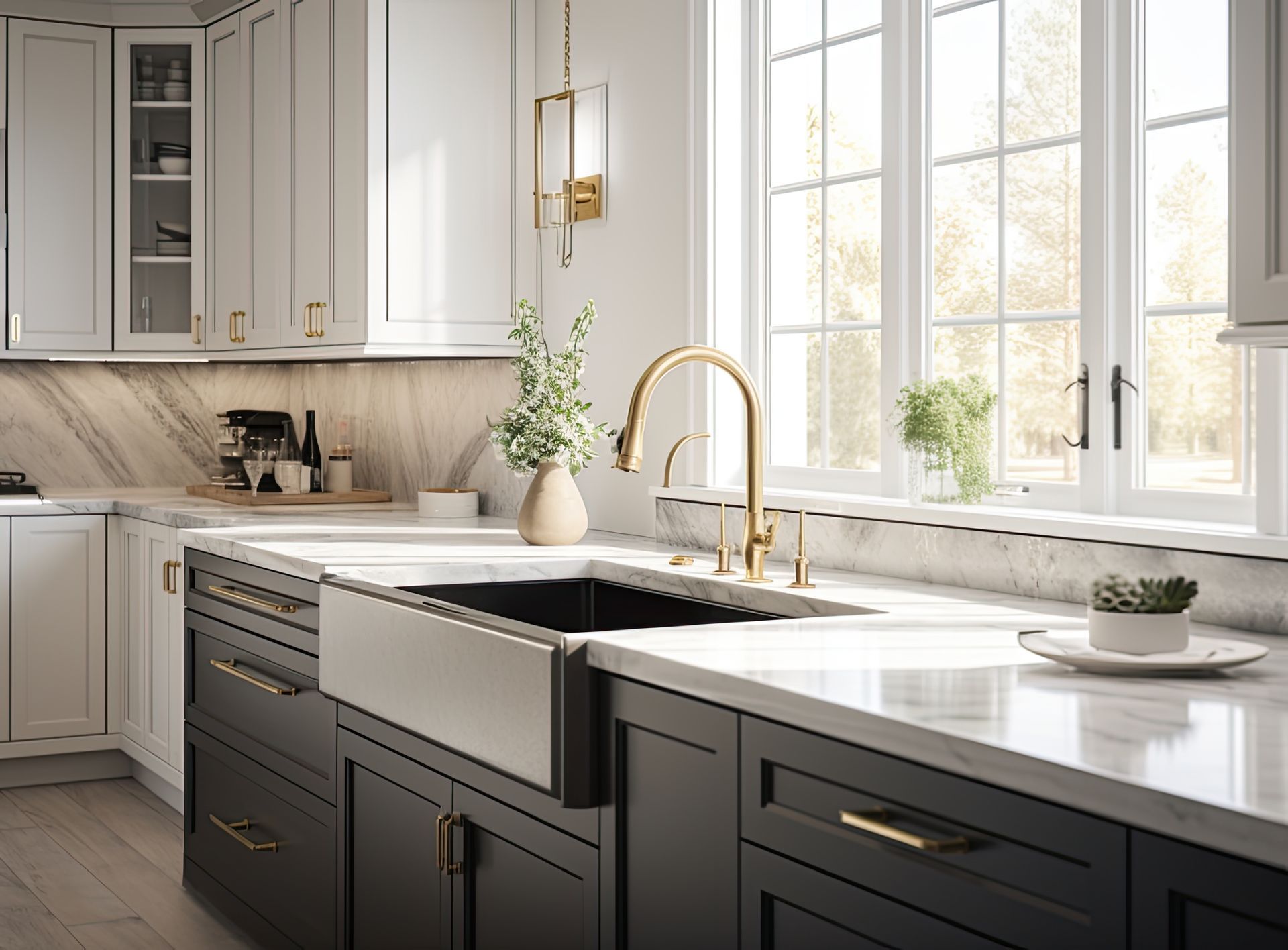 Modern kitchen with white and dark gray cabinets, marble countertops, and a large window.