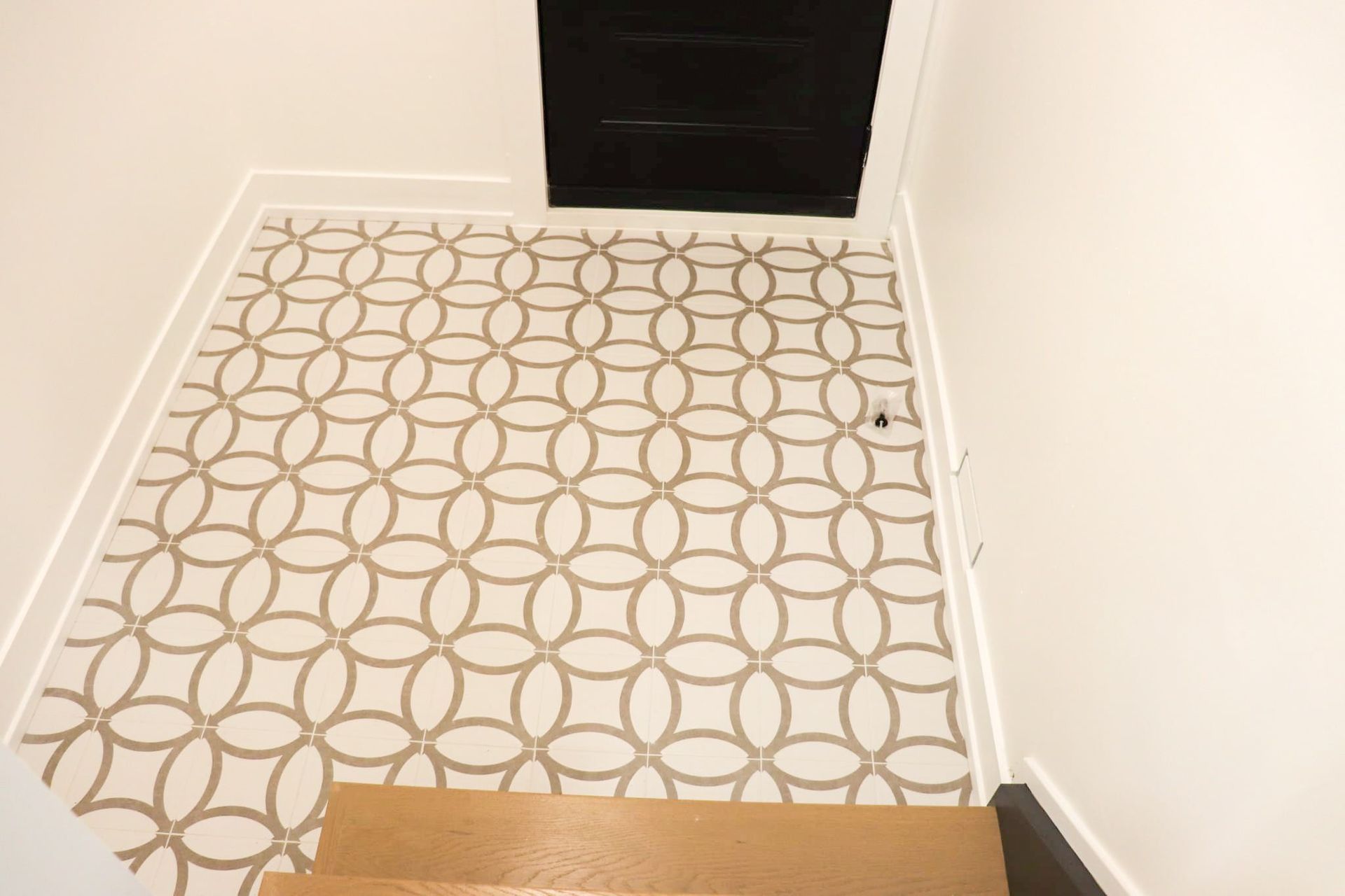 Top-down view of a patterned rug in an entryway with a stairwell below and a black opening in the wall above.