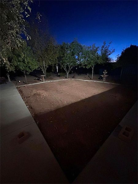 A dark yard with trees and a picnic table at night.