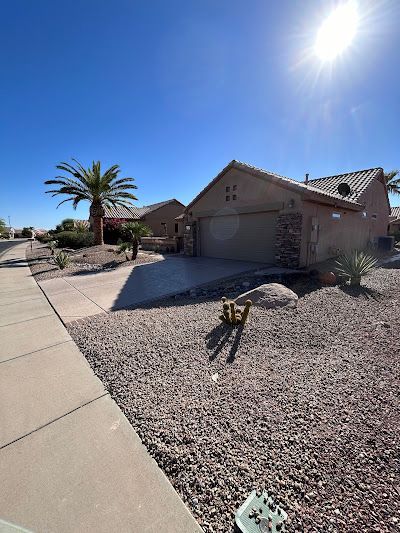 A house with a garage and a palm tree in front of it.