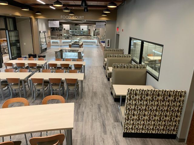 An aerial view of a restaurant with tables and chairs