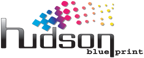 A logo for hudson blue print with a rainbow of colors