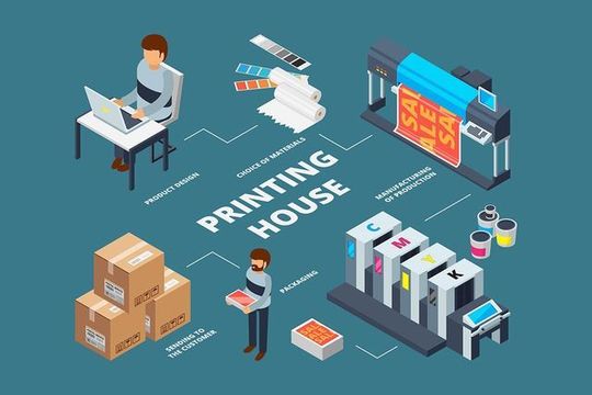 An isometric diagram of a printing house with a man sitting at a desk with a laptop.