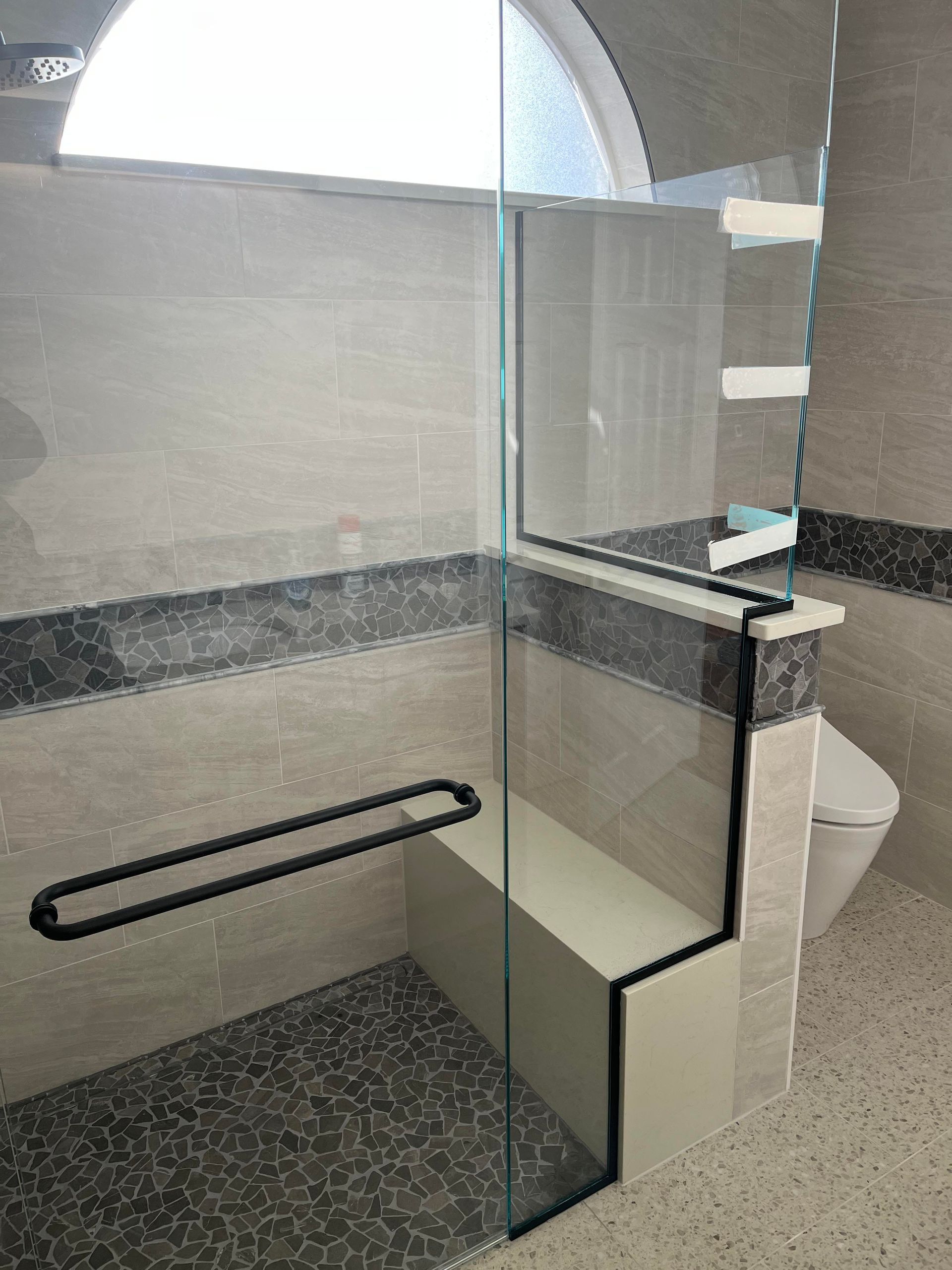 A bathroom with a walk in shower and a toilet.