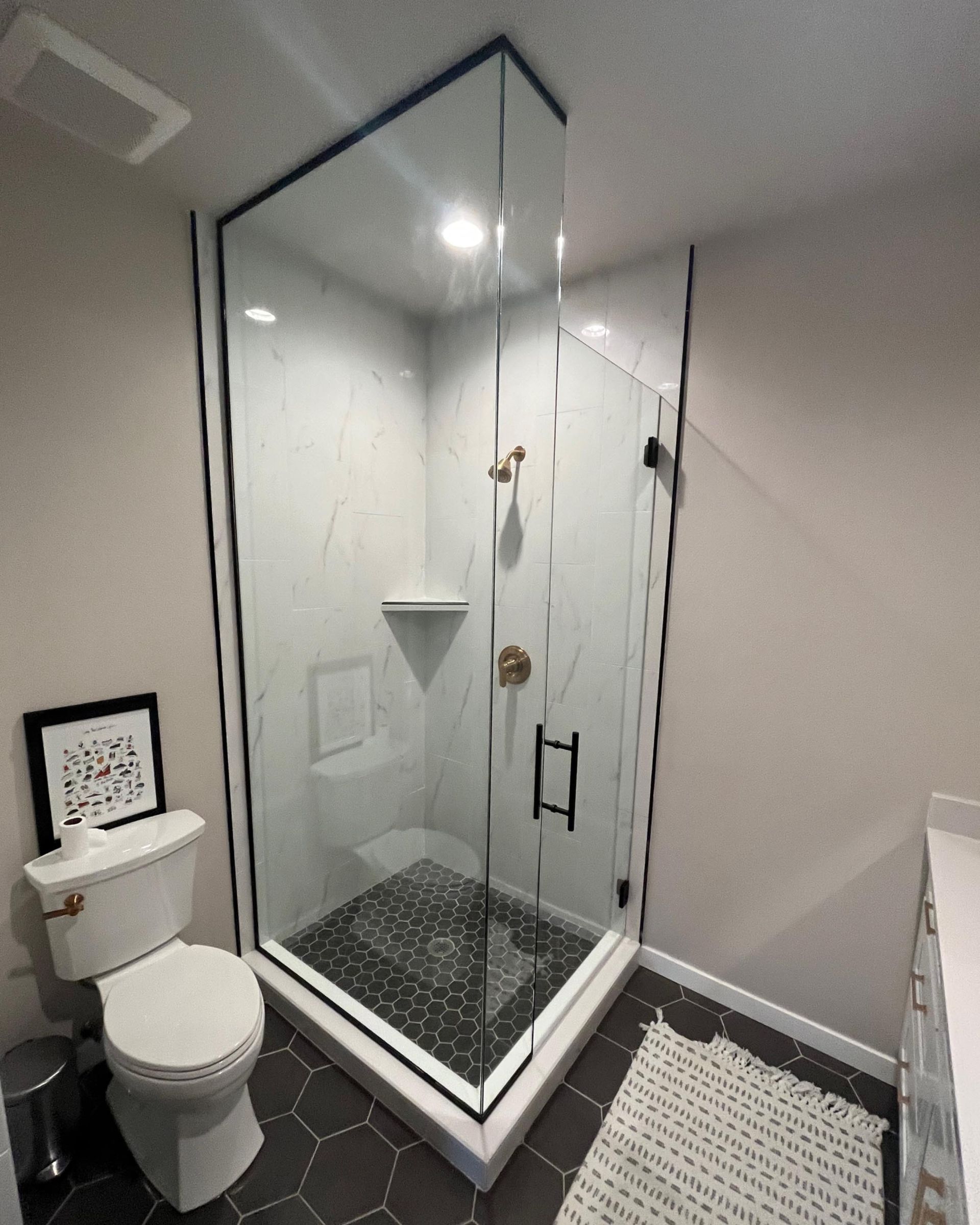 A bathroom with a toilet and a walk in shower