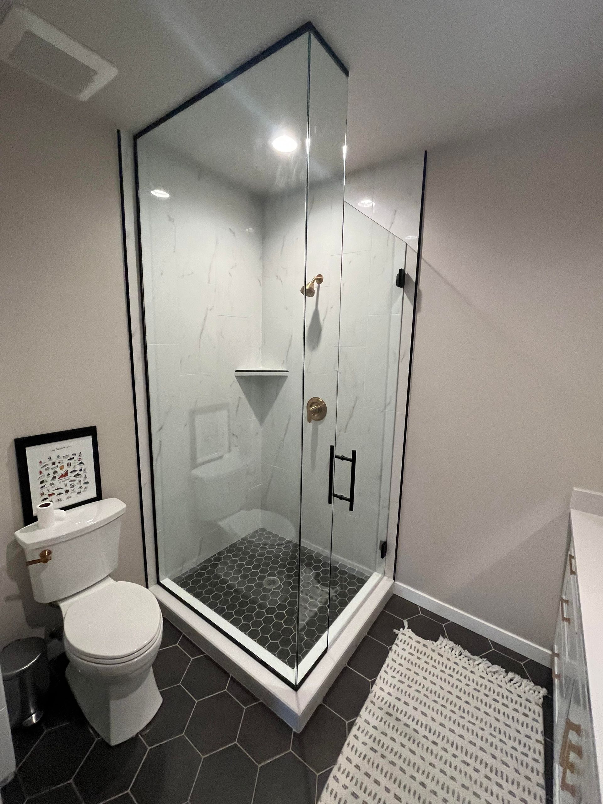 A bathroom with a toilet and a walk in shower