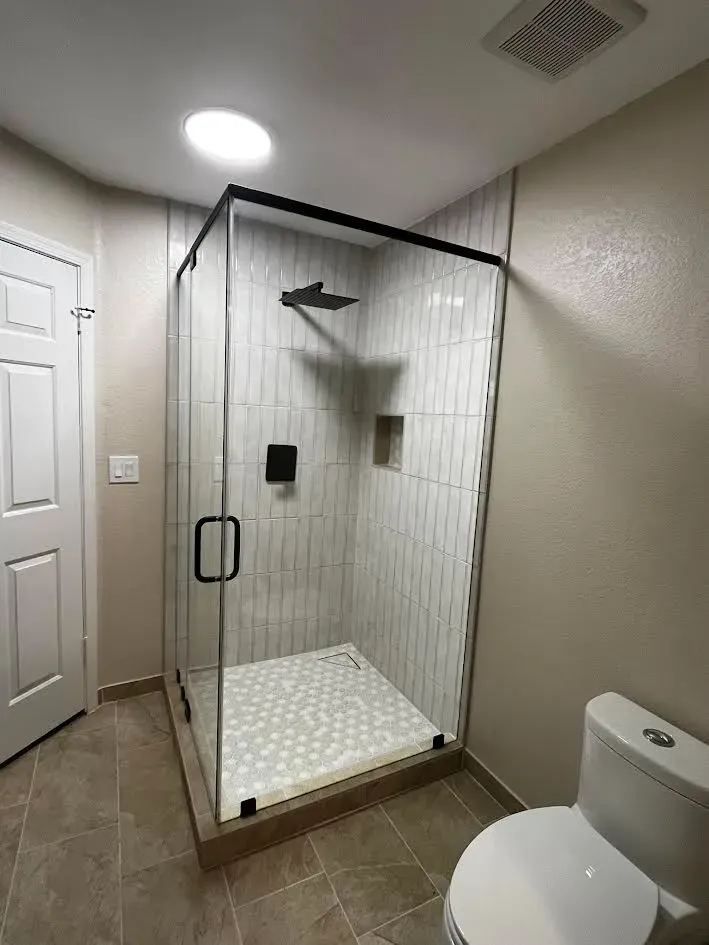 A bathroom with a walk in shower and a toilet.