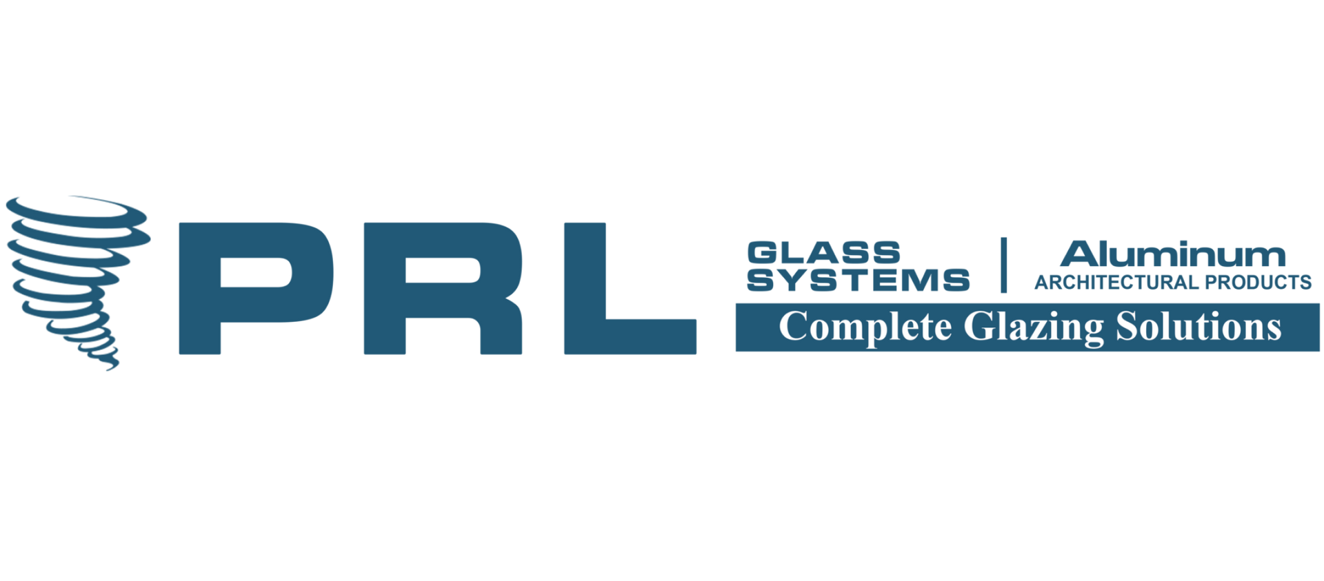 The logo for prl glass systems aluminum architectural products is blue and white.