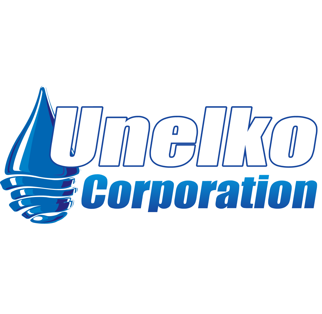 A blue and white logo for unelko corporation