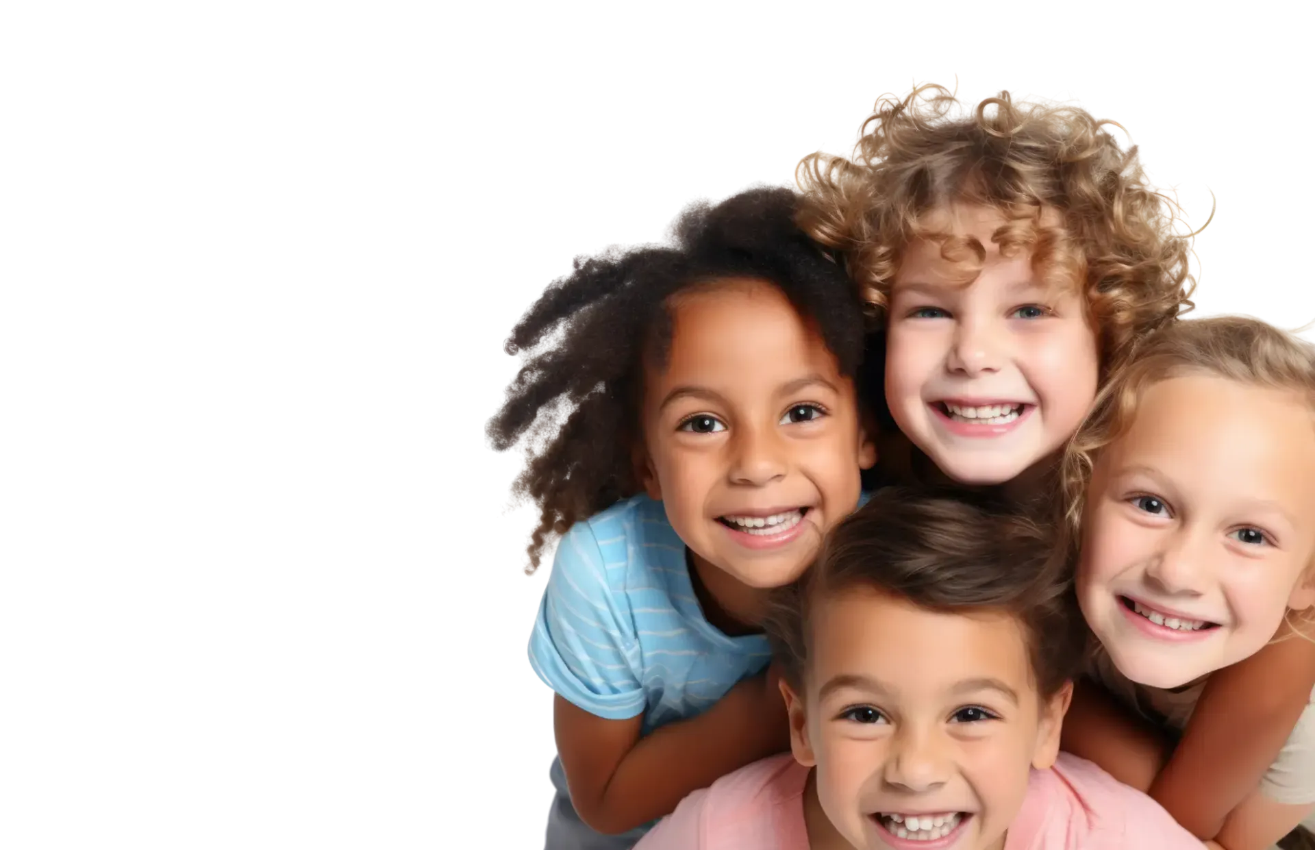 Four smiling children huddled together against a plain white background.
