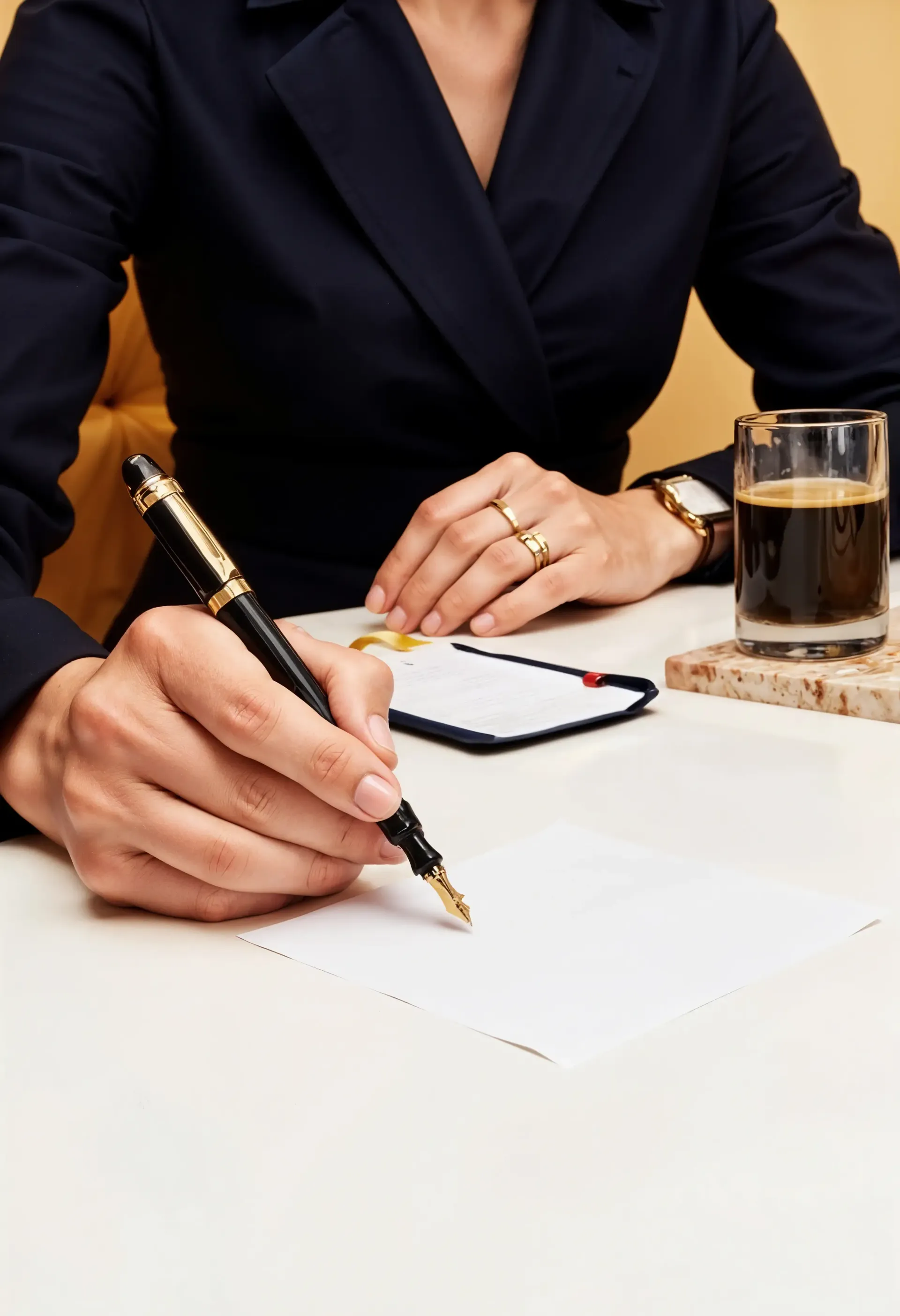 A person in a dark suit writes on white paper with a gold-trimmed fountain pen, with a glass of black coffee nearby.