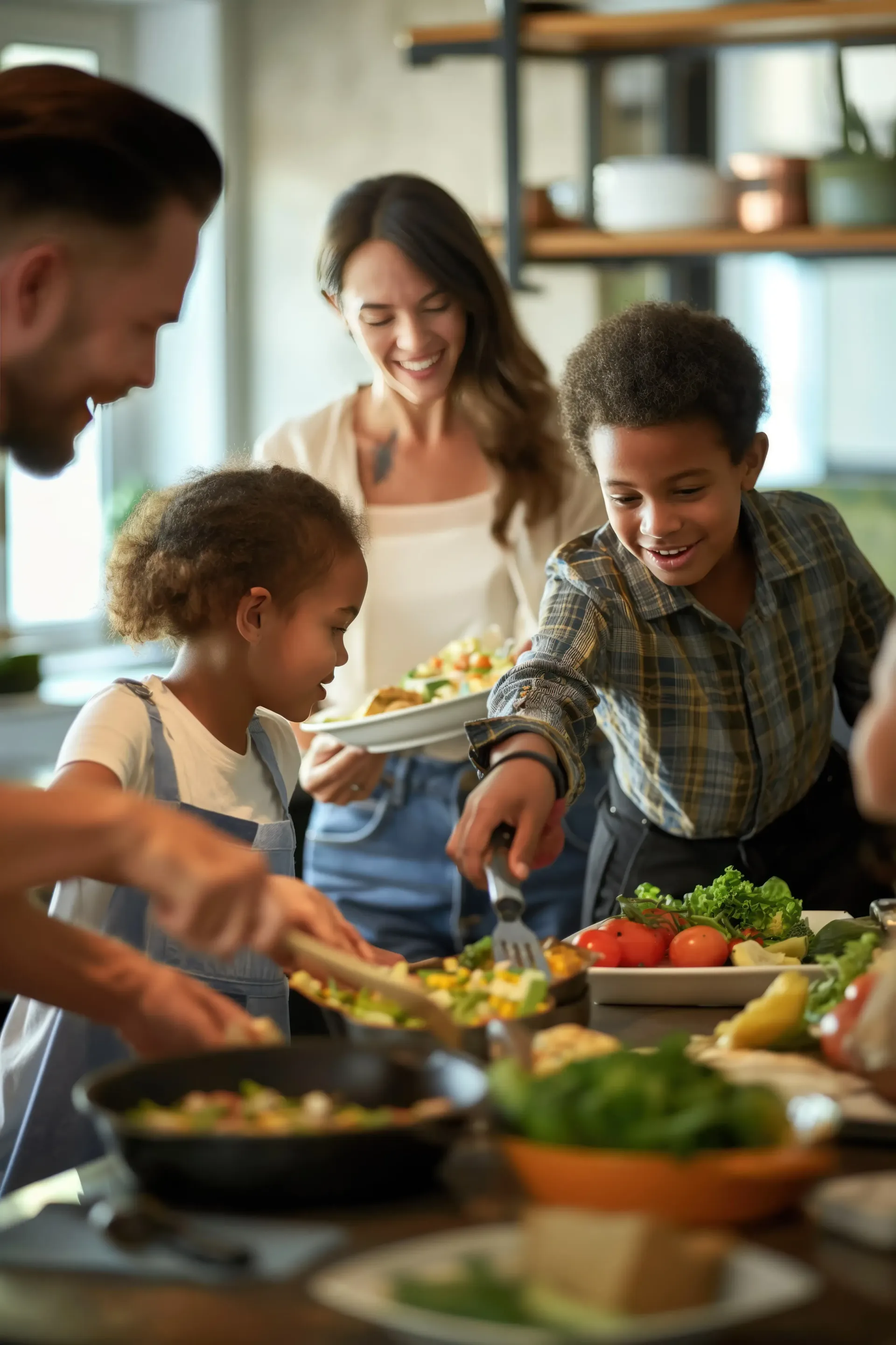A family prepares and shares a meal together in a bright kitchen, smiling and interacting around the dinner table.