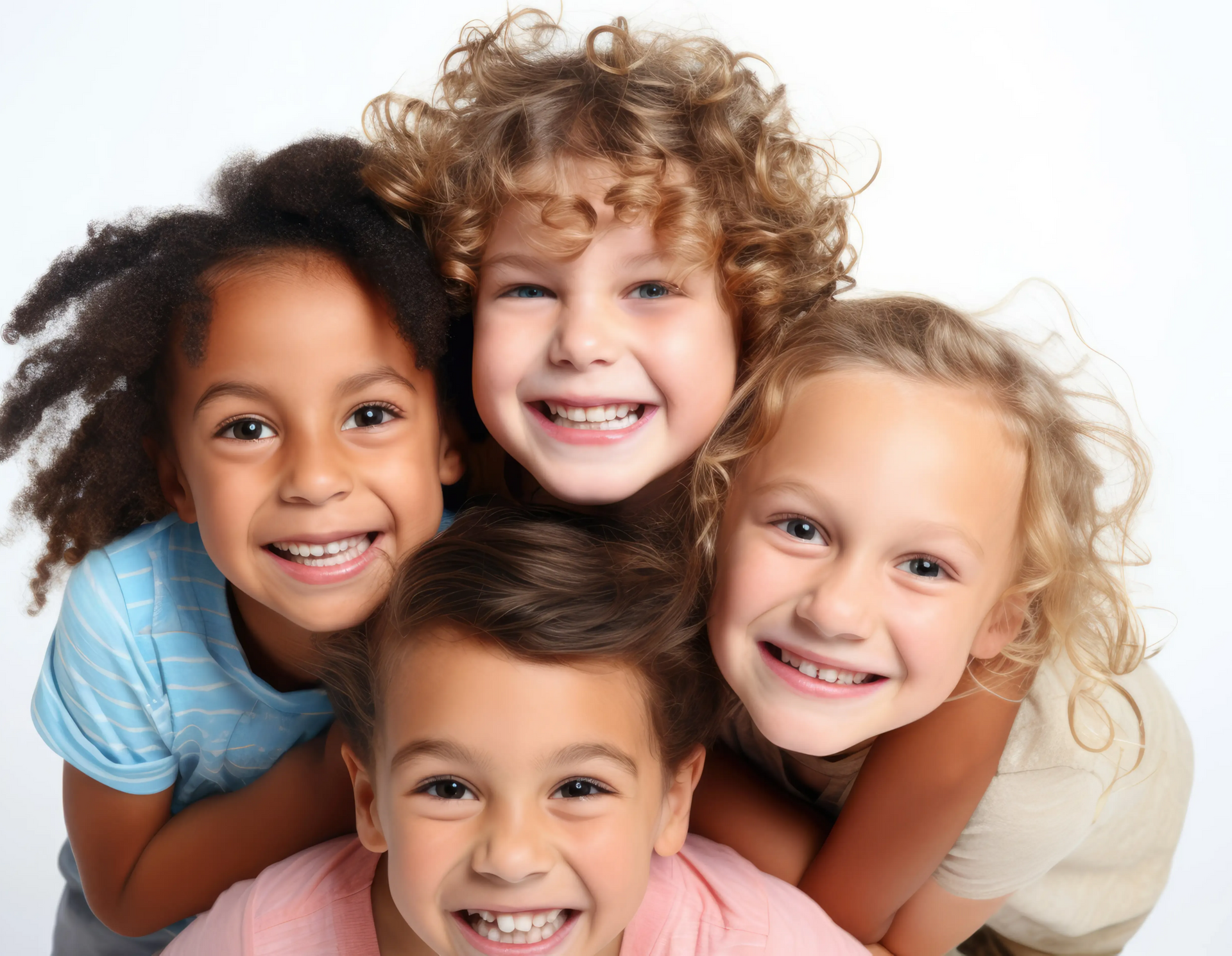 Four smiling children huddled together against a plain white background.