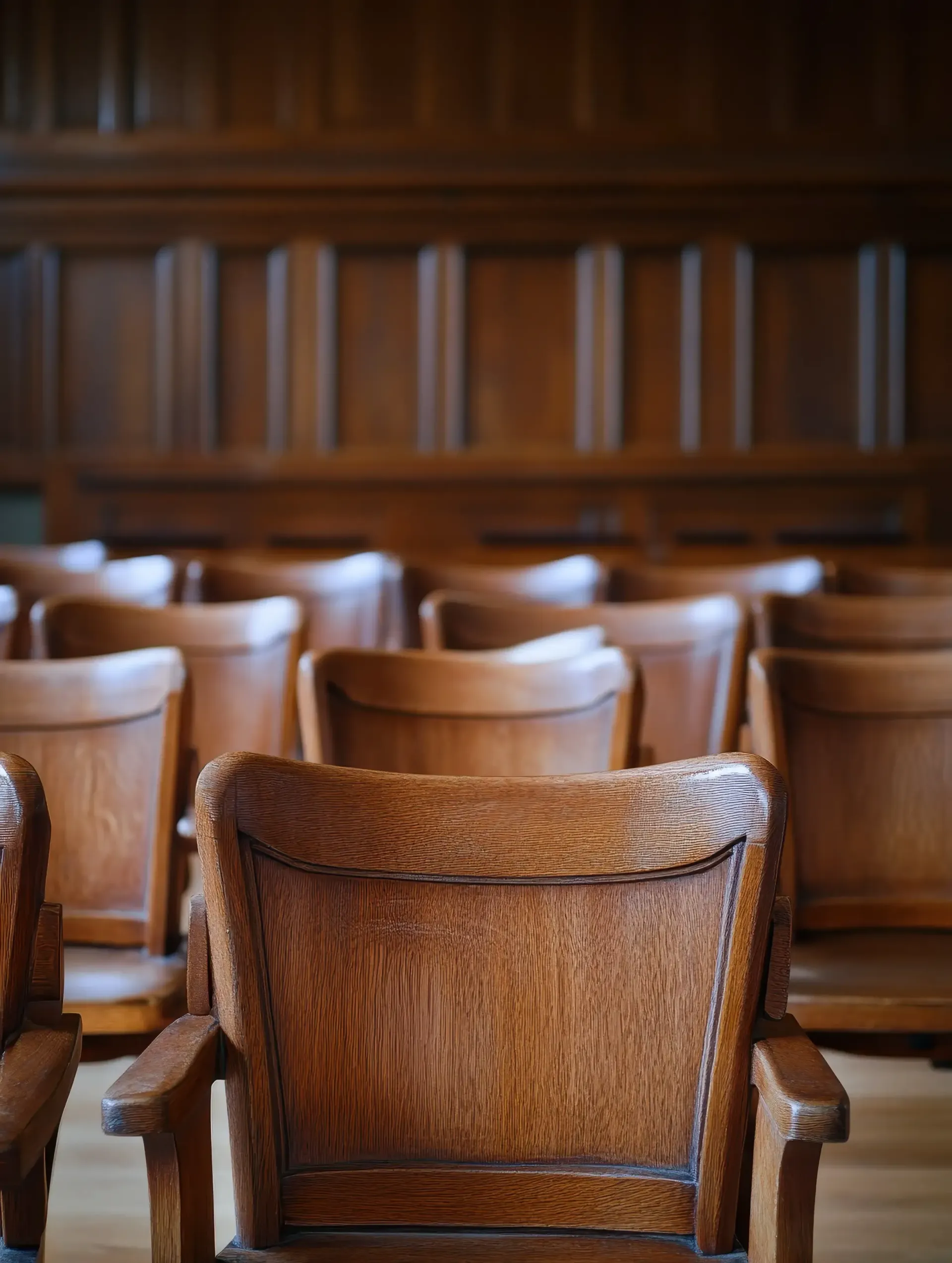 Rows of vintage wooden chairs facing a wood-paneled wall in a dimly lit, classic auditorium or lecture hall.