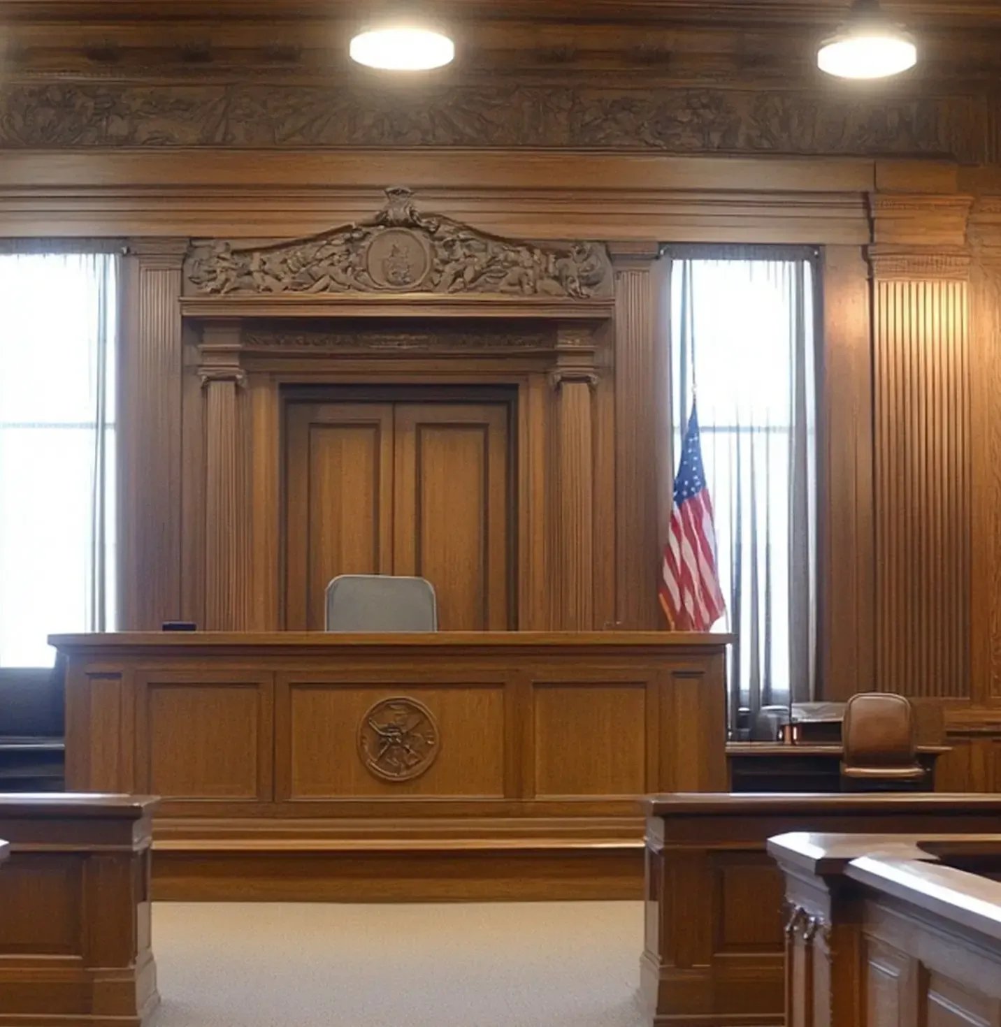 An empty, ornate wooden courtroom with a judge's bench, high-backed chair, and a standing American flag.