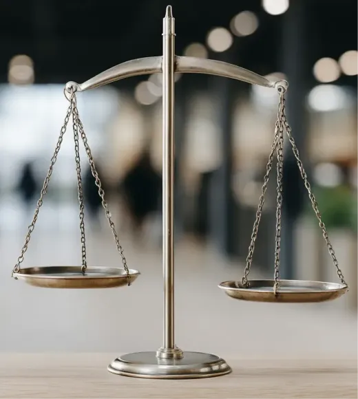 A metallic balance scale sits on a wooden surface against a blurred, professional indoor background.